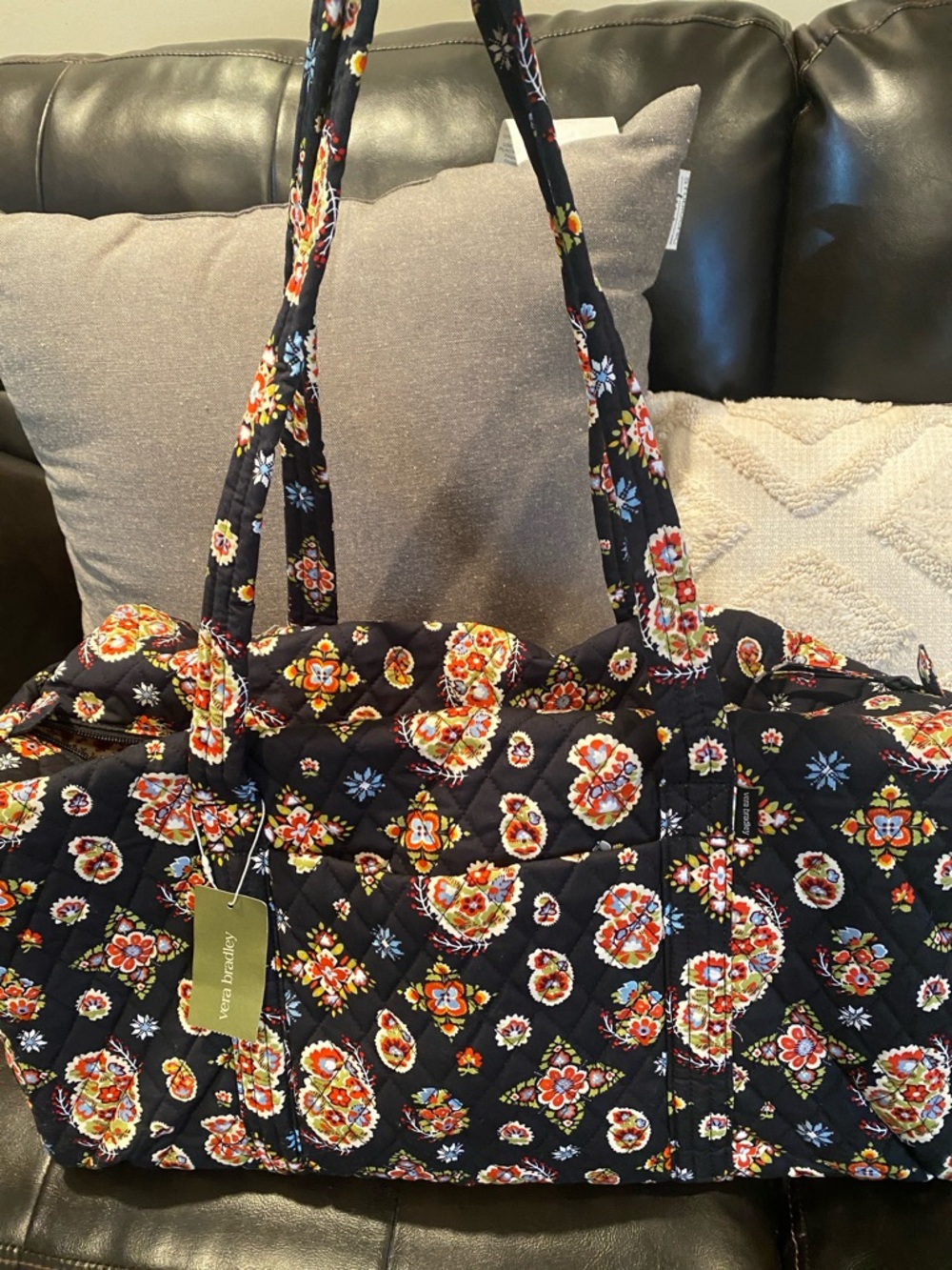 Vera Bradley Black Quilted Floral Tote Weekender Bag new